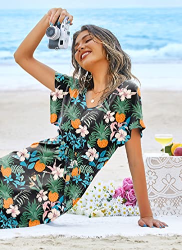 Image of Ekouaer Womens Swimsuit Coverup Short Sleeve Beach Cover Up Dress V Neck Bikini Beachwear