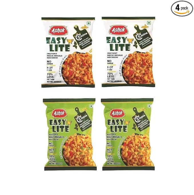ASHOK EASY'n LITE Mast/Magic Masala Instant Macaroni 55g,Not Fried,0% Cholesterol,100% Suji/Rawa,Vegan Friendly (Pack of 4, Instant Macaroni Mast &Magic Masala (comboo))