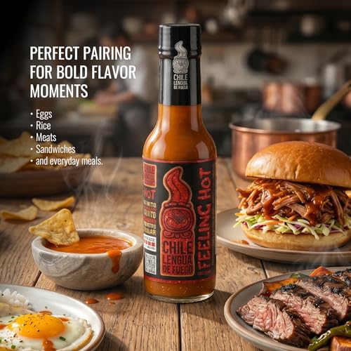 Image of Chile Lengua de Fuego Feeling Hot - Everyday Table Hot Sauce, Tomato & Scotch Bonnet, Smooth Savory Medium, 5 oz Bottle (Pack of 1)