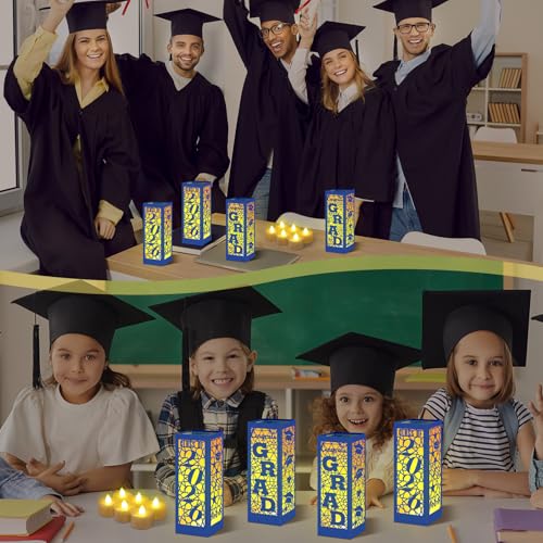 Image of Rossesay 6 Pcs Graduation Table Centerpieces Boxes Class of 2026 Graduation Lanterns for Centerpieces with LED Candles Congrats Grad School College Photo Props for Party Table Decoration (Blue)