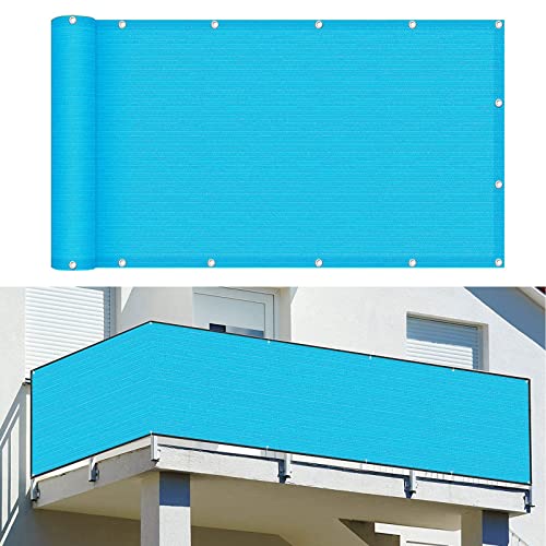 Balkon Sichtschutz Balkonabdeckung 115 x 300 cm Wind HDPE UV-Schutz Blickdichte Balkonbespannung mit Kabelbinder Ohne Bohren für Balkon Zaun Terrassen Garten, Blau