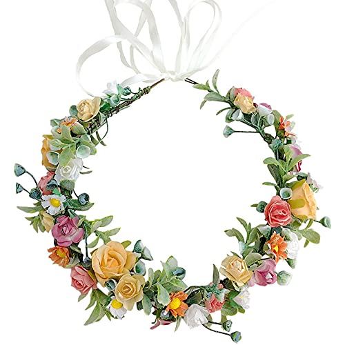 Damen Blumenstirnband Blumenkrone Blumenkranz Boho Blumen Haarkranz Rose Blumen Krone mit Band Haarkranz Blumengirlande Haarschmuck für Geburtstag Festival Party Hochzeit Braut Brautjungfer Mädchen