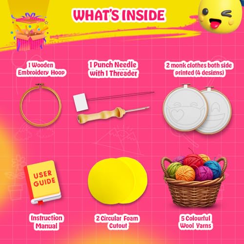 Image of KREEDA Punch Needle Embroidery Kit, DIY Creative Activity, Emoji Embroidery DIY kit, With Wooden Hoop Monk Clothes and Woolen Yarns. Gifts for Girls & Boys Ages 6, 7, 8, 9, 10, 11, 12 (Punch Needle Emoji)