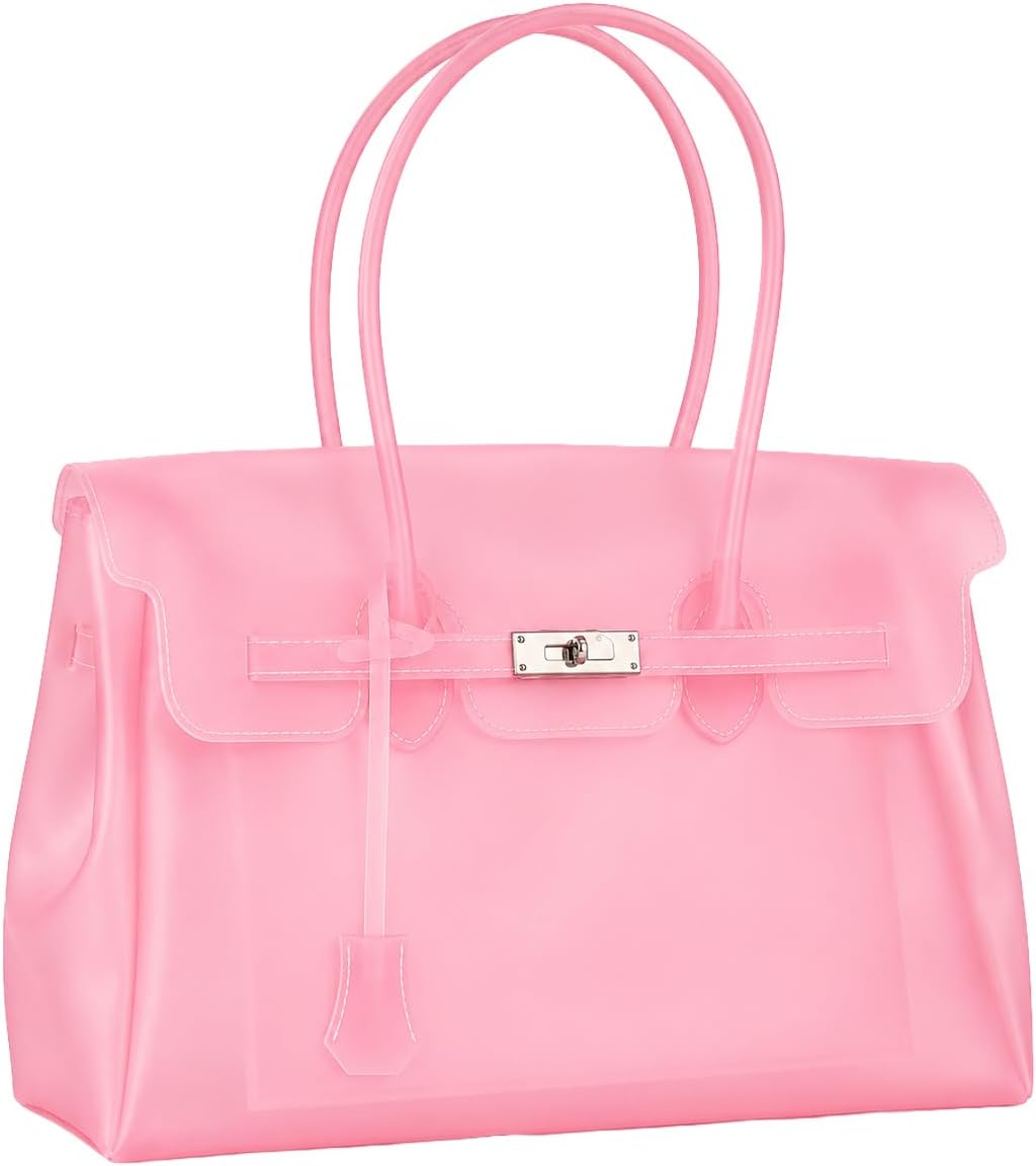 EyeVivid Jelly Tote Bag, Translucent TPU Top Handle Handbag, Pink