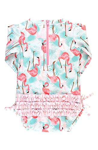 Image of RuffleButts Baby Girls UPF 50+ Sun Protection Floral Printed Long Sleeve One Piece Rash Guard Swimsuit with Zipper