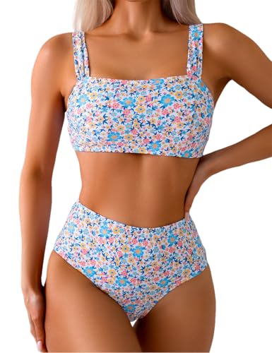 Tainehs High Waist Bathing Suit for Women Floral Print Wide Straps Swimsuit Two Piece Bikini Sets