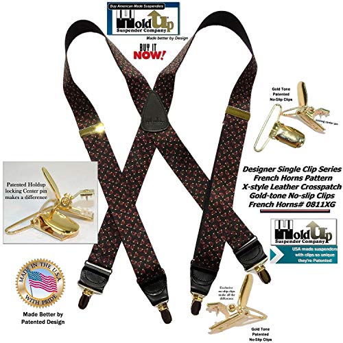 HoldUp Brand French Horn Pattern 1 1/2\" X-back Designer Series Suspenders with No-slip Gold-tone Clips - Thumbnail 2