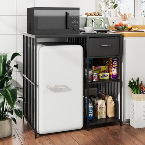 VOWNER Mini Fridge Cabinet with Power Outlet, 3-Tier Industrial Style Kitchen Microwave Stand Baker Rack with Drawer, Utility Storage Shelf for Home Kitchen Dorm Office, Black, 35' Lx22 Wx37 H