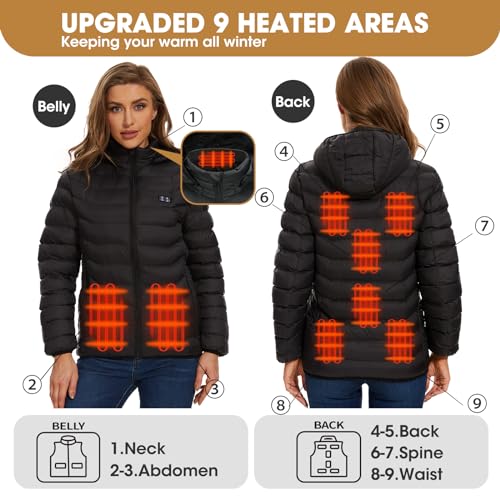 Heated Jacket for women with 2PCS 10000mAh Battery Packs, 9 Heating Areas Heated Coat for Outdoor3