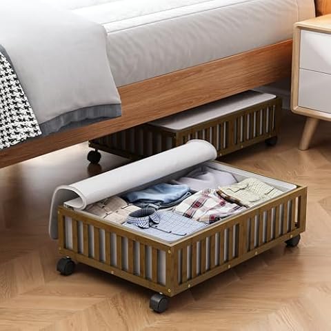 Bamboo Under Bed Storage Containers with Wheels, 2 Pack Under the Bed Shoe Storage Bins, Wood Rolling Underbed Drawers Organizer for Bedroom, Closet Clothes Blanket Comforter and Under Crib Toy Walnut Cover
