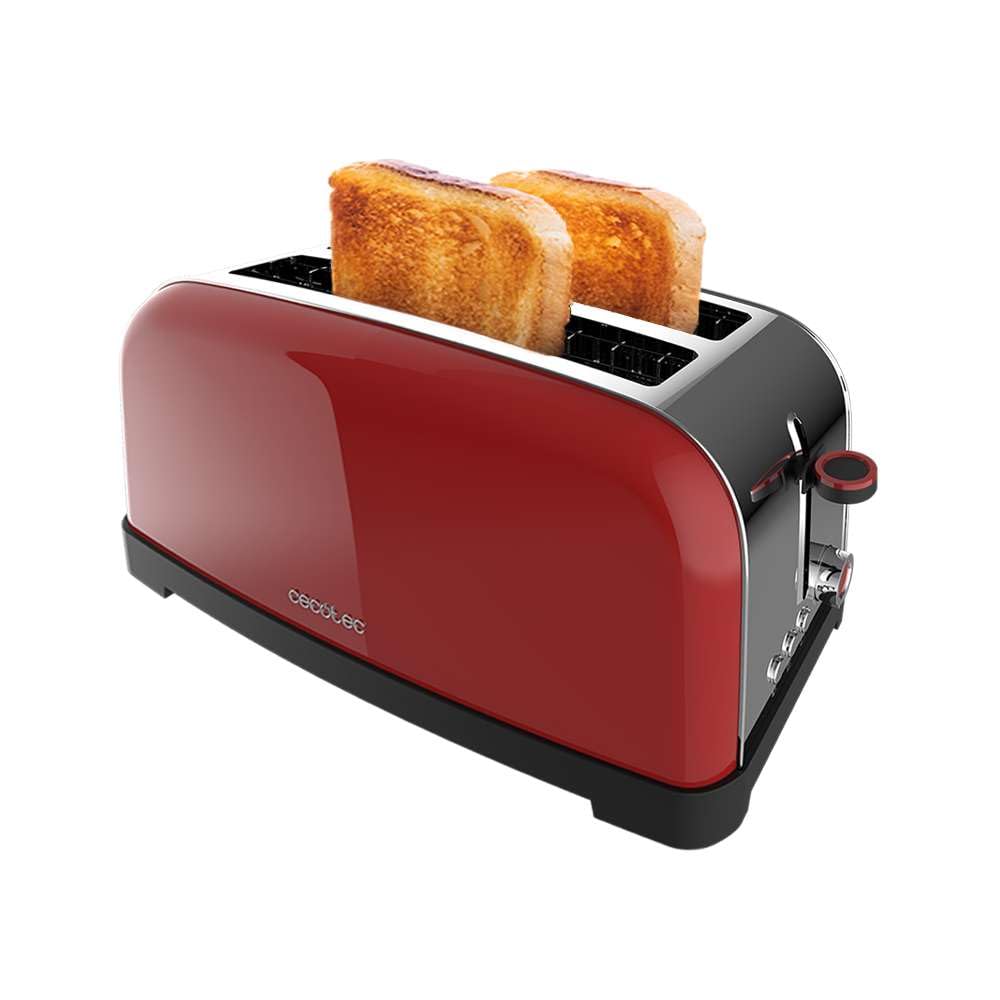 Cecotec Tostador vertical Toastin' time 1500 Red Lite, 1500W de Potencia, Capacidad para 4 Tostadas, Doble Ranura Larga y ranura ancha 3,8cm, Sistema Autocentrado, 7 posiciones de tostado