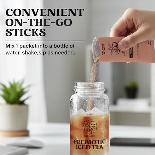 Image of Harmony Peach Prebiotic Black Iced Tea, 10 Sticks | Real black tea, Ripe peach flavor, 3g prebiotic fiber per stick, 25 calories, Zero sugar, Gluten free, Dairy free