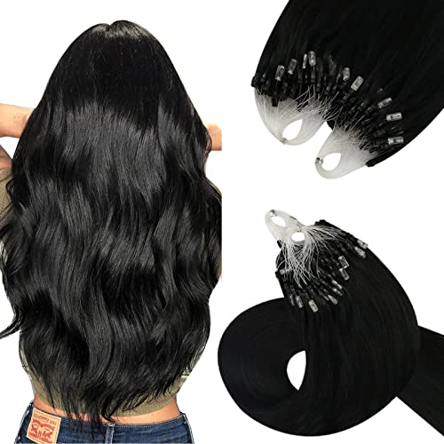 YoungSee Micro Loop Hair Extensions Black Micro Ring Hair Extensions Real Human Hair Black 14 Inch Micro Beads Hair Extensions Black #1 50s/50g Micro Loop Ring Remy Human Hair Extensions