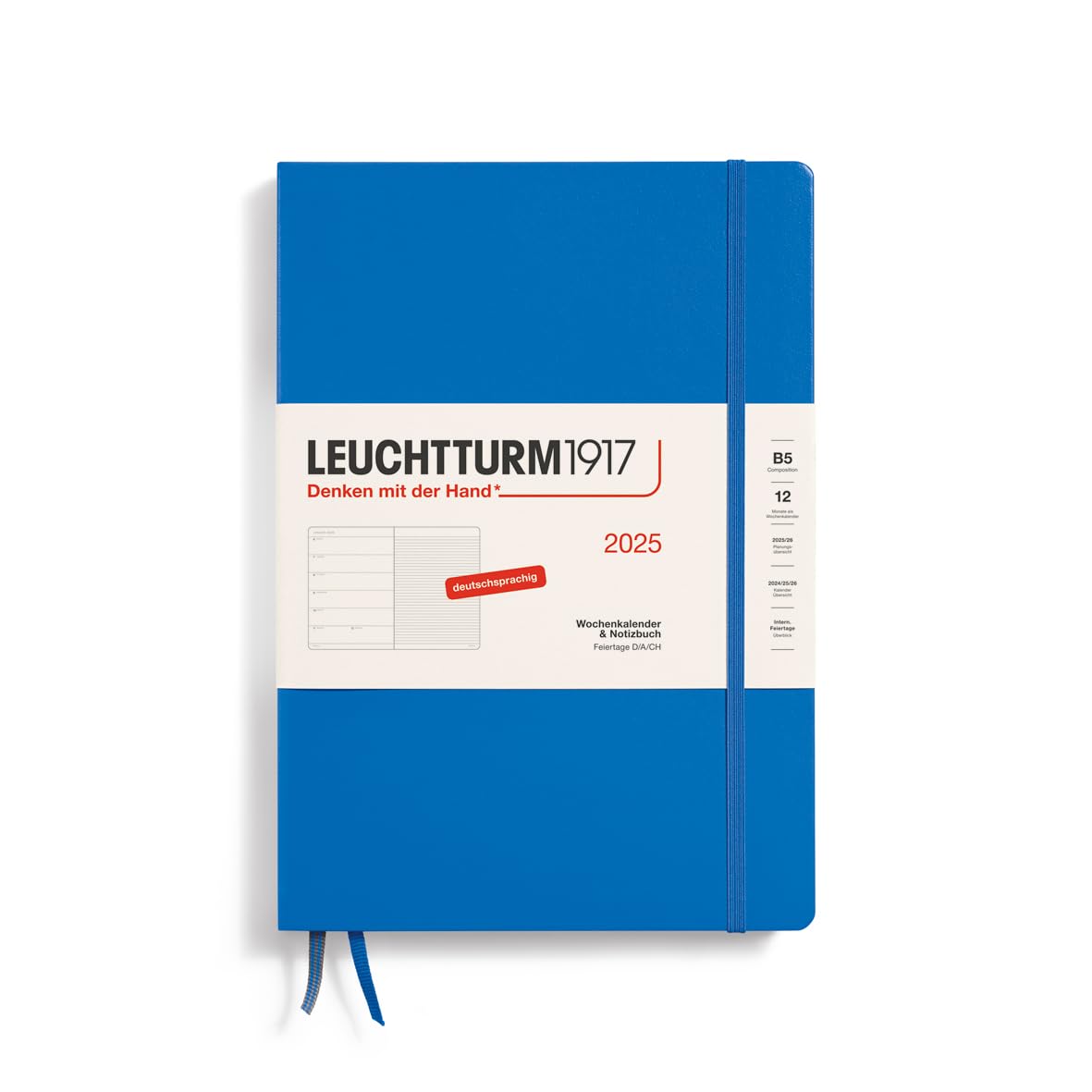 LEUCHTTURM1917 370482 Weekly Calendar & Notebook 2025, Composition B5 Hardcover - 12-Month Planner, 80 g, Lined - Sky
