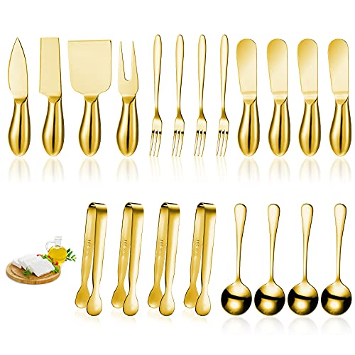 Patelai Spreader Knife Set Cheese Butter Spreader Knife Cheese Slicer Knife Stainless Steel Blade with Handles Mini Serving Tongs Spoons and Forks for Birthday Wedding Christmas (20, Golden)