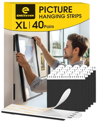 Emitever Picture Hanging Strips Heavy Duty, XL-40 Pairs(80 Strips), Holds up to 7.2 KG, No Damage Picture Adhesive Strips, Hook and Loop Mounting Tape Black