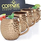 COPPure Moscow Mule Copper Mugs Set of 4 - Pure 100% Solid Hammered, Unlined Copper Cups For Icy Cold Cocktails - Recipes Included - Makes A Perfect Gift