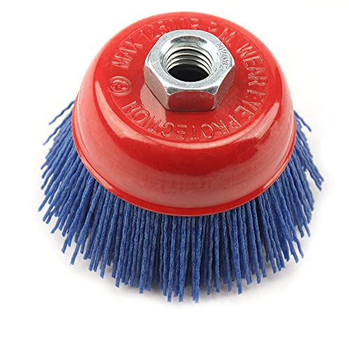 Image of SI FANG 3 inch Filament Nylon Bristle Cup Brush, Nylon Abrasive Wire Surface Prepping Polishing Wheel with 5 /8 inch-11 Thread, Metal Wood Surface Treatment, Remove Rust, Corrosion, Paint (Blue-240 Grit)