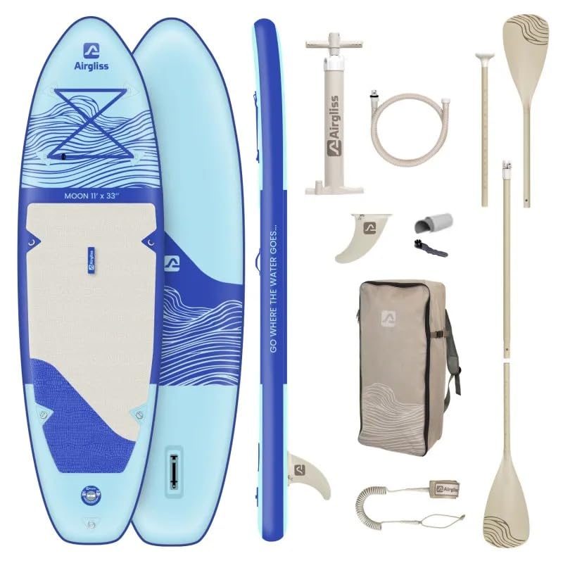 Paddle Gonfiabile AIRGLISS Moon 11.0 FINO A 2 Persone (Max. 170kg) | Adulto E Bambino | Stabile E Di Qualite | Completo di Tutti Gli Accessori: PAGAIA, GONFIORE, Borsa, ALLERON, Leash