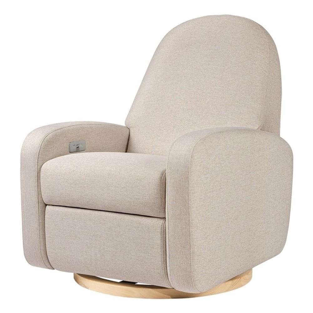 Babyletto Nami Electronic Power Recliner and Swivel Glider w/USB Port in Performance Beach Eco-Weave with Light Wood Base, Water Repellent & Stain