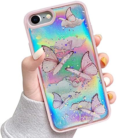 LCHULLE iPhone 7 Plus iPhone 8 Plus Case Cute Girls Women Iridescent Butterfly Design Laser Bling Glitter Stars Soft TPU Bumper Protective Phone Case for iPhone 7 Plus/8 Plus-Purple