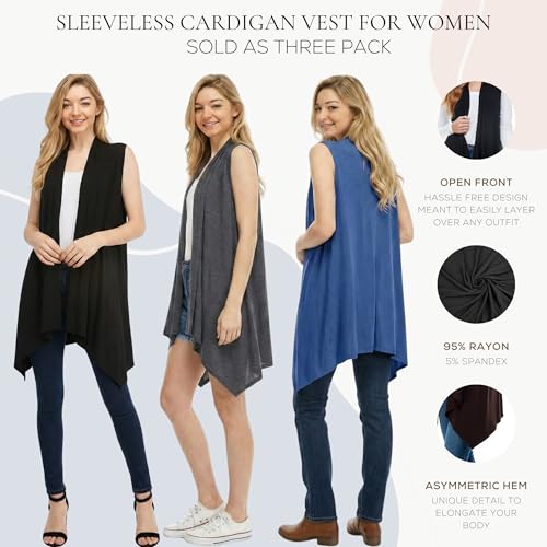 Image of Azules Sleeveless Cardigan for Women, Soft Lightweight Duster Open Front Sleeveless Long Cardigan Vest (3 Pack)