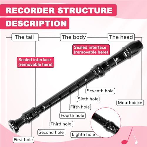 Soprano Recorder Instrument for Kids Student - German Fingering 8 Hole Flute ABS Descant Recorders for Beginners 3pcs Removable with Cleaning Rod and Storage Bag, Black