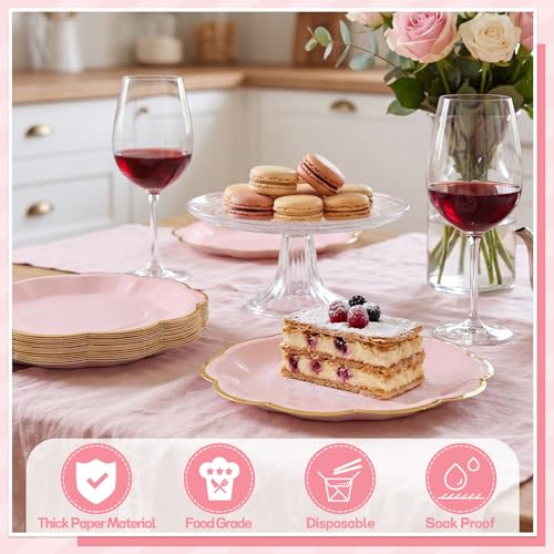 Image of NatNarr 30 Pcs Pink Plates with Gold Trim 9 Inch Pink and Gold Party Plates Scalloped Dinner Plate Disposable for Baby Shower, Wedding, Birthday, Bridal shower