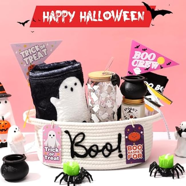 Halloween Boo Woven Basket Cute Storage Spooky Basket with Handle Boo Woven Trick or Treat Gift Organizer for Halloween Party Favors and Decorations Women Men