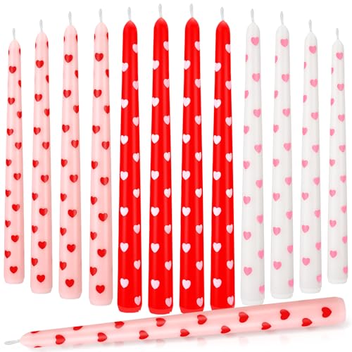 Threlaco 12 Pcs Valentine Taper Candles 10 Inch Tall Unscented Heart Candles Stick Valentine Gifts Holiday Decor for Dinner, Party, Wedding, Anniversary(Red,Pink,White,Heart)