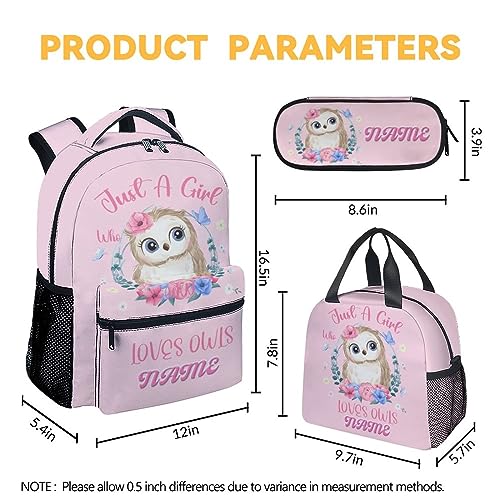 UNIKITTY Personalized Owl Backpack with LunchBox, Set of 3 School Backpacks Matching Combo, Cute Pink Bookbag and Pencil Case Bundle4