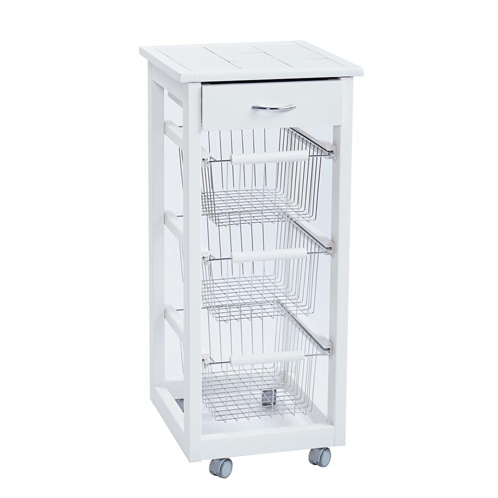 Liberoshopping Carrello Cucina Slim in Legno di faggio 3 cesti e 1 cassetto Top Ceramica 4 Ruote girevoli casa Cucina Giardino (Laccato Bianco)