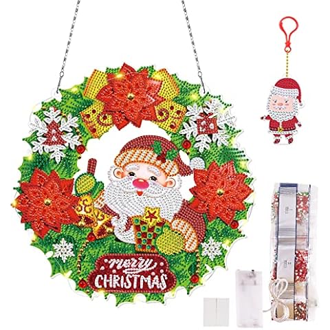 DIY Diamond Painting Wreath Kits for Christmas Decoration, Diamond Art Hanging Pendant, 5D Mosaic Crystal Santa Claus Flower Garland ​and Keychain for Holiday Front Door Wall Decor Cover