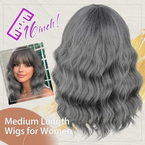 Image of Nnzes Wig Bangs Dark Salt and Pepper Short Wavy Hair for Women Natural Looking Heat Resistant Bob Wigs with Synthetic Wig for Daily Party Use