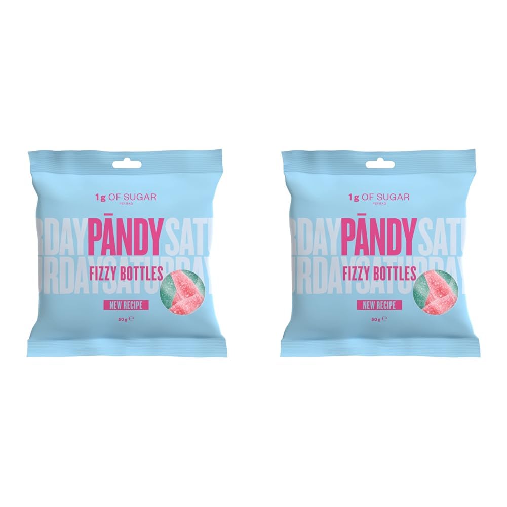 PANDY Candy FIZZY BOTTLES - Refreshing and Sourish Bubble Gum Gummy Candies Bag, Only 1g Sugar & 80 Calories, 1x50g (Pack of 2)