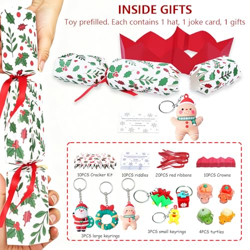 Hoiyen Christmas Crackers,10 Packs DIY Christmas Party Crackers Bulk, Xmas Crackers with Party Hat, Riddle Cards, Joke & Keyring, Gifts for Family Party Favors,Kids Novelty Gifts,Novelty Decorations - Image 2