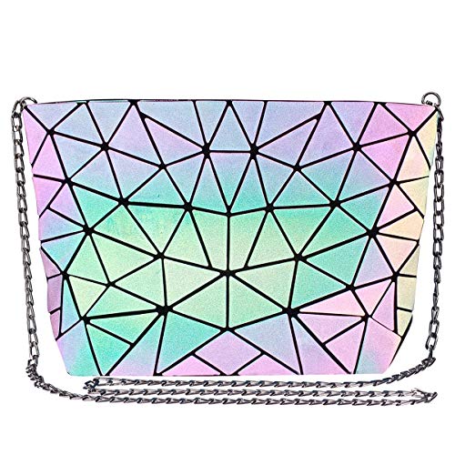 DCC FIONNI Bolsa Geométrica Luminosa Holográfica para Mujer, Bolso Busta de Moda en Cuero Sintético, Clutch Diamante con Correa de Cadena Efecto Brillante Multicolor