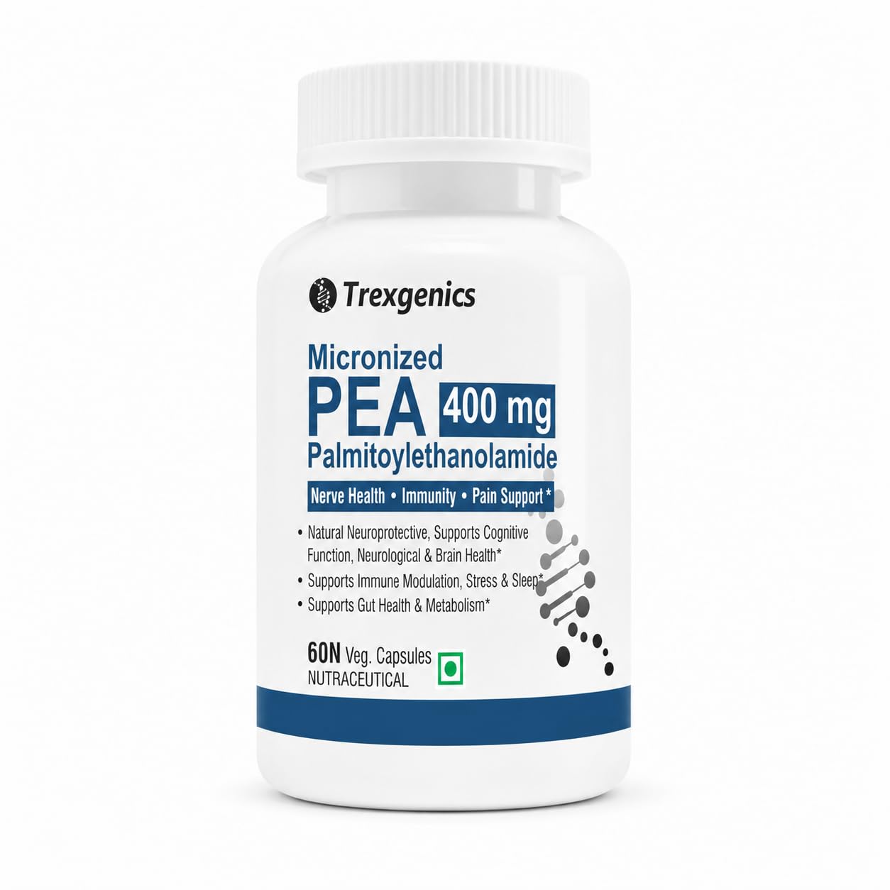 Trexgenics PALMITOYLETHANOLAMIDE (PEA) MICRONIZED 400 mg, Ultra Pure & Stable, Nerve Health, Immune System Modulation, Metabolic Health, Sleep (60 Veg Capsules)
