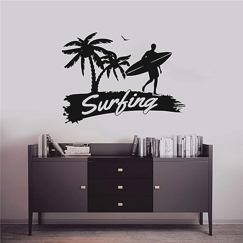 Miniatura 4 de Vinilo decorativo para pared, diseño de surf, gimnasio, deportes, niños, adolescentes, tabla de surf, palmera, calcomanía de pared extraíble para