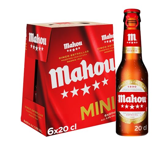 Mahou 5 Estrellas, Pack de 6 Botellas x 20 cl, Cerveza Especial Dorada Lager Con Sabor 5 Estrellas, 5.5% Volumen de Alcohol