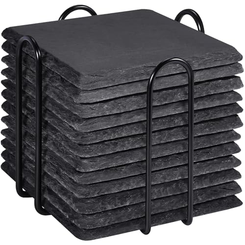 MAPRIAL - Slate Coasters with Holder, MAPRIAL 4 Inch 12 Pieces Square Rustic Coasters Black Stone Coasters Set with Anti-Scratch Backing for Bar, Kitchen, Table, Gifts