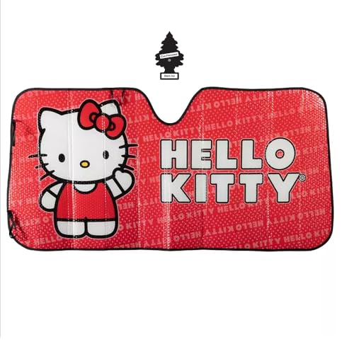 New Hello Kitty Car Windshield Sun Shade | Reflector Sunshade Offers Ultimate Protection for Car Interior | Cool Reflective Sun Blocker Fits Small Sedans Mini SUVs & Hatchbacks Bundle -58 x 28 Inch
