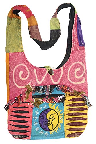 KayJayStyles Sun Moon Hippie Boho Slouch Bag Sling Nepal Cross Body Bag (Pink)