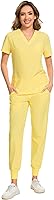 Vista 25 de COZYFIT - Conjunto de ropa quirúrgica para mujer, blusa elástica con cuello en V y pantalón deportivo con 8 bolsillos