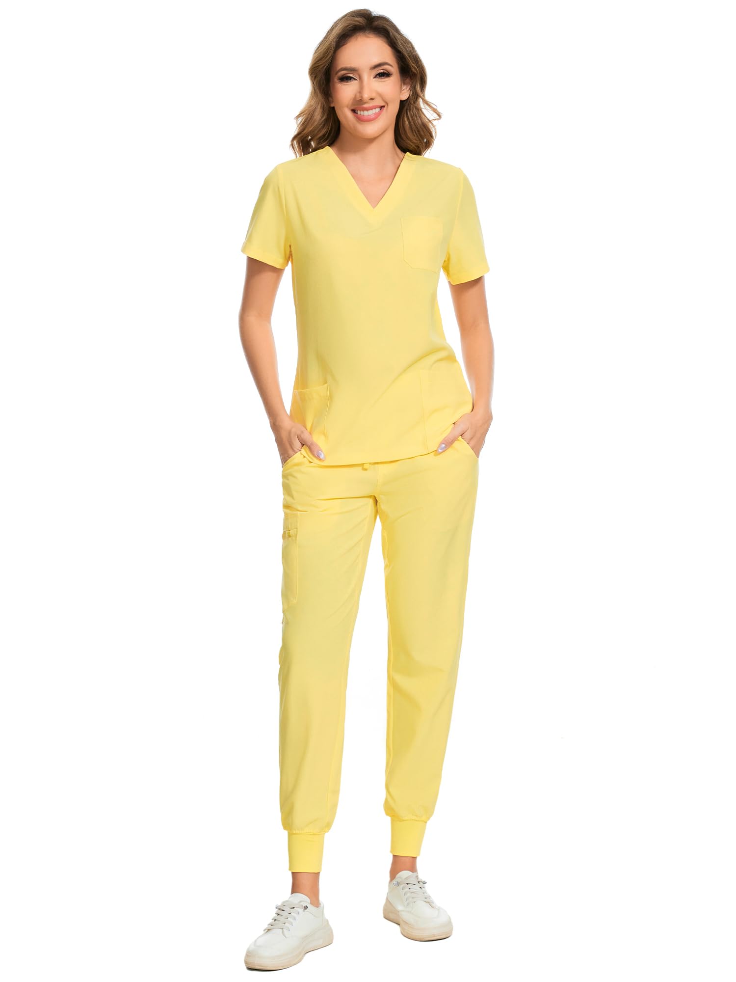 COZYFIT Scrubs for Women Set - Stretch V-Neck Scrub Top & Jogger Pant with 8 Pockets