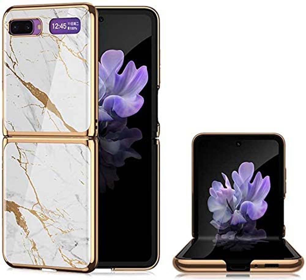 ELECDON Case for Samsung Galaxy Z Flip Case Cover. MARBLE EDITION Thin Tempered Glass Electroplated PC Back Cover 360 Full Protective Cases For Samsung Z Flip Cover Case (White Marble)