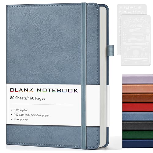 KWULP Journal Notebook, A5 Leather Hardcover Blank Sketchbook, 160 Pages, 180° Lay-Flat Binding, 100 GSM Thick Paper, for Sketching, Drawing, Art Journaling & Creative Writing (DustyBlue)