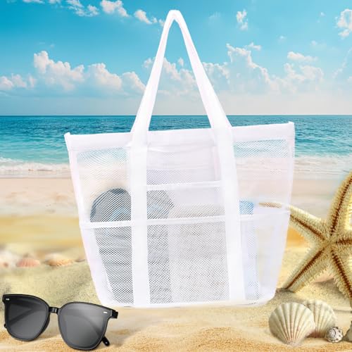 Mesh Beach Bag - Sandproof Zippered Large Tote with Multi-Pocket Organization | Waterproof Family Vacation Essentials