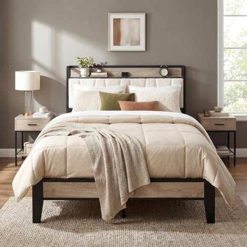 Image of LIKIMIO Queen Bed Frames, Boucle Storage Headboard with Charging Station, Solid and Stable, Noise Free, No Box Spring Needed, Easy Assembly