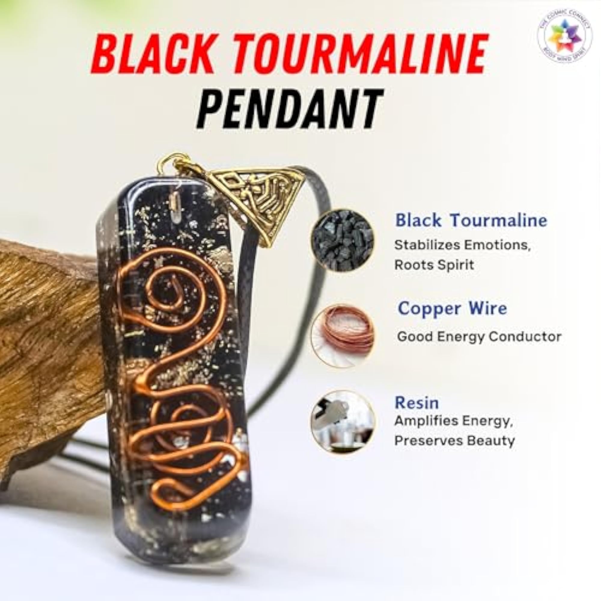 Black Tourmaline Crystal Orgonite Pendant with Power Symbol